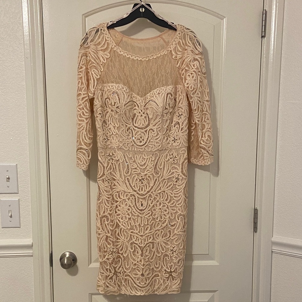 Sue Wong Beige Lace Long Sleeve Dress